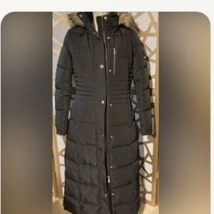 DKNY Black Puffer Coat with Fur Hood